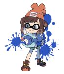  1girl ^_^ alternate_species bangs beanie boots brown_footwear brown_hair closed_eyes closed_mouth commentary eyelashes footwear_ribbon green_shorts grey_eyes hat holding holding_pokemon medium_hair orange_headwear paint_splatter pointy_ears pokemon pokemon_(creature) pokemon_(game) pokemon_sm popplio ribbon selene_(pokemon) shirt shorts simple_background smile splatoon_(series) ssalbulre standing white_background yellow_ribbon 