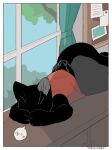  ambiguous_gender black_body clothed clothing curtains domestic_cat felid feline felis feral hi_res mammal plant sleeping solo sound_effects tail tree vowelless vowelless_sound_effect whiskers window yorozumaru zzz 