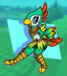  2023 anthro avian beak bird bottomwear bulge clothed clothing gold_clothing hi_res hotpants male nintendo nintendo_switch nintendo_switch_sports otterjunk parrot partially_clothed shorts skirt solo switch_sports_bird tagme talons tribal_clothing 