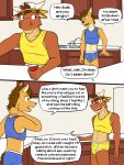  anthro bovid bovine briefs bulge canid canine canis cattle clothed clothing comic container coyote crop_top cup dialogue duo english_text fuze hi_res holding_container holding_cup holding_object kitchen male mammal midriff mond_reyes navel pantsless shirt solo_cup tank_top texnatsu text topwear ty_conrad underwear 