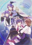  1girl 2017 2boys brown_hair character_name closed_mouth droite_(yume-100) facing_another gauche_(yume-100) gloves happy_birthday hetero long_sleeves male_focus multiple_boys open_mouth plums43 ponytail purple_eyes purple_hair short_hair shujinkou_(yume-100) yume_oukoku_to_nemureru_100-nin_no_ouji-sama 