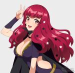  1girl artist_name black_bodysuit black_cape bodysuit breasts cape cleavage clothing_cutout commentary english_commentary fire_emblem fire_emblem_engage grey_background hair_ornament high_collar highres jacinth_peters large_breasts looking_at_viewer open_mouth red_eyes red_hair simple_background smile solo star_(symbol) star_hair_ornament teeth upper_teeth_only v yunaka_(fire_emblem) 