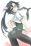  1girl amagiri_(kancolle) animal_ears ass asymmetrical_bangs bangs black_hair black_pantyhose commentary_request cowboy_shot fake_animal_ears green_leotard grey_eyes grin hair_between_eyes highres kantai_collection leotard leotard_under_clothes long_hair looking_at_viewer mouth_hold pantyhose playboy_bunny ponytail rabbit_ears rabbit_tail school_uniform serafuku smile solo tail taisinkoku v very_long_hair white_background 