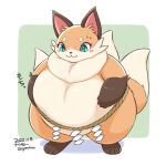  2022 3_tails 4_fingers 4_toes anthro belly blush blush_stickers brown_body brown_fur canid canine dated eyelashes feet female female_anthro fingers fox fur gomuhimo green_eyes hi_res kemono mammal multi_tail nawa nude overweight overweight_anthro overweight_female paws solo tail tan_body tan_fur text toes white_body white_fur 