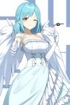  1girl absurdres blue_hair breasts cleavage dress feathered_wings gloves highres large_breasts looking_at_viewer moira_(nijisanji) mole mole_under_mouth multicolored_clothes multicolored_dress nijisanji off_shoulder smile souto_(0401) virtual_youtuber white_dress white_gloves wings yellow_eyes 