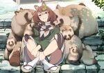  1girl absurdres animal animal_ears breasts brown_eyes brown_hair cleavage futatsuiwa_mamizou glasses gourd green_kimono highres japanese_clothes kawayabug kimono leaf leaf_on_head long_sleeves open_mouth raccoon_ears raccoon_tail round_eyewear short_hair socks solo tabi tail tanuki touhou white_socks zouri 