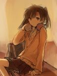  1girl aaniko arm_support bag bag_removed bangs bike_shorts_under_skirt black_eyes black_hair black_shorts black_skirt blunt_bangs brown_cardigan cardigan collared_shirt curtains desk enomoto_takane grey_bag headphones headphones_around_neck indoors kagerou_project long_sleeves looking_away on_desk open_collar pleated_skirt school_bag school_desk shirt shorts sitting sitting_on_desk sketch skirt solo twintails white_shirt 