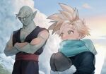  2boys antennae black_jacket blonde_hair blue_scarf breath colored_skin commentary_request crossed_arms dougi dragon_ball dragon_ball_z green_eyes green_skin jacket male_focus mittens multiple_boys piccolo pointy_ears s_3u scarf sky smile snow son_gohan super_saiyan super_saiyan_1 