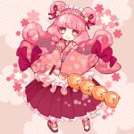  1girl bangs blush bow bubble_skirt closed_mouth dot_nose double_bun floral_print frilled_skirt frills gulico_(otoca_d&#039;or) hair_bow hair_bun hair_ribbon hakama hakama_skirt head_tilt holding japanese_clothes kimono layered_skirt looking_at_viewer maid_headdress nonokusu_(no2xnox) object_request okobo otoca_d&#039;or pink_eyes pink_kimono pink_skirt pink_theme pleated_skirt polka_dot print_kimono red_bow red_ribbon ribbon sidelocks signature skirt smile socks solo standing tabi wavy_hair white_socks 