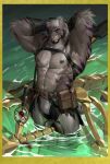  abs anthro ballballwolf barazoku beard belt big_muscles bulge clothing facial_hair felid fur grey_body grey_fur hair hands_behind_head harness hi_res legwear male mammal manly muscular nipples pantherine partially_submerged pecs pouches solo standing_in_water tiger white_hair 