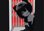  1girl animal_ears apron bangs black_hair cat_ears cat_girl_(chikyuu_no_ura) chikyuu_no_ura_(iyowa) collared_dress copyright_name dress elevator_door frilled_apron frills greyscale hair_over_one_eye hair_over_shoulder half-closed_eyes head_tilt kanengomi_(5385_gedo) leaning_to_the_side letterboxed long_sleeves looking_at_viewer maid maid_headdress medium_hair monochrome open_mouth red_background smile solid_eyes solo song_name spot_color table upper_body 