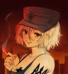  blonde_hair breasts cigarette cityscape cleavage hat holding holding_cigarette large_breasts looking_at_viewer marichka original short_hair smoke tattoo tryzub usergore 