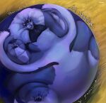 absurd_res ambiguous_gender artist_name belly big_belly blue_body blue_pawpads blueberry_inflation canid digestion_noises glistening glistening_eyes grass hi_res huge_belly hyper hyper_belly mammal pawpads plant roobin simple_background solo tongue tongue_out 