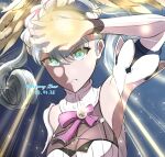  1girl angry armpits bangs blue_eyes breasts cleavage curly_hair dated grey_hair hair_between_eyes head_wings highres long_sleeves looking_at_viewer melia_antiqua mercury_xeno solo twitter_username upper_body xenoblade_chronicles_(series) xenoblade_chronicles_1 