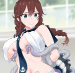  1girl anchor_symbol arms_behind_back bangs blue_eyes blue_sailor_collar bound bound_arms braid breasts brown_hair clenched_teeth commentary_request enemy_naval_mine_(kancolle) fugu_custom hair_between_eyes kantai_collection large_breasts long_hair noshiro_(kancolle) paid_reward_available sailor_collar sweat teeth tentacles twin_braids upper_body 