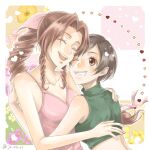  2girls aerith_gainsborough bangs bare_shoulders black_hair braid braided_ponytail breasts brown_eyes brown_hair cleavage closed_eyes crop_top dress final_fantasy final_fantasy_vii final_fantasy_vii_remake green_shirt grin hair_ribbon hand_on_another&#039;s_shoulder hug jo_ro_ri long_hair looking_at_another medium_breasts multiple_girls one_eye_closed open_mouth parted_bangs pink_dress pink_ribbon ribbon shirt short_hair sidelocks sleeveless sleeveless_dress sleeveless_turtleneck smile swept_bangs teeth turtleneck upper_body yuffie_kisaragi 