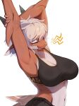  1girl absurdres animal_ears arm_up armpits black_horns breasts cleavage commentary english_commentary furry furry_female highres horns large_breasts midriff navel open_mouth original short_hair simple_background solo sports_bra tail wavy_mouth white_background white_hair whooo-ya 