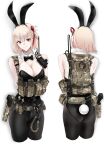  1girl animal_ears ass backpack bag bangs bare_shoulders blonde_hair bow bowtie breasts cleavage cropped_legs detached_collar fake_animal_ears gun handgun highres holstered_weapon lycoris_recoil multiple_views nishikigi_chisato playboy_bunny pz-15 rabbit_ears rabbit_tail red_eyes short_hair simple_background smile tail weapon white_background 