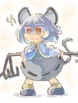  1girl animal_ears bangs blue_capelet capelet chibi clenched_teeth commentary_request dress full_body grey_dress grey_footwear grey_hair jitome long_sleeves mouse_ears mouse_girl mouse_tail nazrin red_eyes ribbon-trimmed_dress shirt short_hair solo standing tail teeth touhou white_shirt yamasina009 
