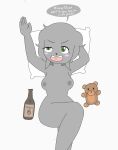  absurd_res alcohol anthro areola bed beer beverage blush breasts canid canine canis corona_(beer) crossed_legs dialogue drunk exposed_breasts female fur furniture green_eyes grey_body grey_fur hands_behind_back hi_res hololive korone_inugami looking_away lying mammal mew_arts navel nipples nude on_back pillow plushie signature simple_background solo speech_bubble substance_intoxication teddy_bear virtual_youtuber wolf 