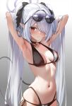  1girl armpits arms_up bangs bikini black_bikini blue_archive breasts cleavage eyewear_on_head gradient_background grey_background grey_hair hair_ornament hair_over_one_eye halo hands_in_hair highres iori_(blue_archive) iori_(swimsuit)_(blue_archive) long_hair looking_at_viewer marisasu_(marisa0904) medium_breasts navel official_alternate_costume one_eye_covered parted_lips pointy_ears red_eyes side-tie_bikini_bottom simple_background sunglasses swimsuit tail 