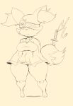  anthro bandage braixen buddy clothing dingaling_productions female fluffy fluffy_tail generation_6_pokemon hi_res huge_thighs lisa_the_joyful lisa_the_painful melee_weapon nintendo pokemon pokemon_(species) purple_yoshi_draws scar solo sword tail thick_thighs weapon 