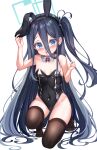  1girl absurdly_long_hair absurdres animal_ears apple_mango aris_(blue_archive) black_hair black_leotard black_thighhighs blue_archive blue_eyes breasts bright_pupils detached_collar genuflecting hair_between_eyes halo highres leotard long_hair one_knee one_side_up playboy_bunny rabbit_ears ringed_eyes simple_background small_breasts solo strapless strapless_leotard tears thighhighs very_long_hair white_background white_pupils 