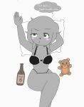  absurd_res alcohol anthro bed beer beverage black_clothing black_underwear blush breasts canid canine canis clothing corona_(beer) crossed_legs drunk female fur furniture green_eyes grey_body grey_fur hands_behind_back hi_res hololive korone_inugami looking_away lying mammal mew_arts navel on_back pillow plushie signature simple_background solo substance_intoxication teddy_bear thought_bubble underwear virtual_youtuber wolf 