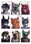  anthro black_body black_fur black_hair black_nose blood blue_eyes blue_hair blush bodily_fluids brown_body brown_fur bust_portrait canid cheek_tuft clothed clothing demireality ear_piercing ear_ring facial_piercing facial_tuft felid female feral fur gauged_ear green_eyes grey_inner_ear_fluff hair heterochromia hi_res holding_knife holding_object inner_ear_fluff knife licking licking_knife licking_lips licking_own_lips looking_aside male mammal multiple_images nose_piercing nose_ring nostril_ring orange_hair piercing pink_nose portrait purple_eyes red_body red_eyes red_fur ring_piercing simple_background smile solo tan_body tan_fur tan_hair teeth tongue tongue_out tuft white_inner_ear_fluff yellow_eyes yellow_sclera 