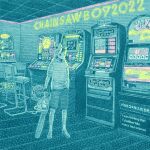  1boy 2022 aqua_theme black_hair black_shorts casino chainsaw chair english_text hand_in_pocket holding holding_chainsaw indoors male_focus original ruhanalove shoes short_hair shorts slot_machine solo standing striped wide_shot 