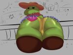  absurd_res anthro belly_lentel bellyboi13 big_butt bulge butt clothing farm hat headgear headwear hi_res kobold lizard lizardfolk looking_back male reptile scalie simple_background solo thick_thighs western wheat_in_mouth 