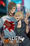  1boy 1girl alien_(movie) alternate_costume bangs black_jumpsuit blonde_hair blurry blurry_background breasts brown_pants chestburster chinese_commentary cleavage closed_mouth commentary_request cosplay cowboy_shot dated_commentary ellen_ripley ellen_ripley_(cosplay) expressionless facehugger genderswap genderswap_(mtf) green_hair hair_between_eyes hair_over_one_eye halloween higekiri_(touken_ranbu) hizamaru_(touken_ranbu) jumpsuit large_breasts looking_at_viewer one_eye_closed open_mouth orange_eyes pants shirt short_hair signature smile touken_ranbu v white_shirt zi_tsas 