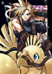  1boy 1other armor asymmetrical_hair bandaged_arm bandages blonde_hair blue_eyes blue_shirt bn_241 brown_gloves buster_sword chocobo cloud_strife earrings final_fantasy final_fantasy_vii gloves highres holding holding_reins jewelry male_focus reins riding_bird shirt short_hair shoulder_armor single_bare_shoulder single_earring sleeveless sleeveless_turtleneck spiked_hair suspenders toned toned_male turtleneck weapon weapon_on_back 