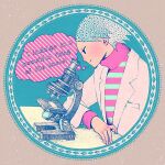  1boy aqua_background blush circle coat copyright_request english_text microscope patterned_hair profile ruhanalove shirt smile solo striped striped_shirt thought_bubble white_coat 