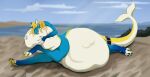  abdominal_bulge artist_name belly big_belly blonde_hair blue_body blue_claws blue_horn claws eyes_closed female full-length_portrait hair hi_res horn huge_belly mouth_closed outside pawpads portrait roobin side_view solo species_request taur white_body yellow_claws yellow_pawpads 