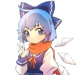  1girl bangs blue_eyes blue_hair blue_ribbon blue_vest cirno closed_mouth commentary hair_ribbon hand_up ice ice_wings kurukubouru long_sleeves red_ribbon ribbon shirt short_hair simple_background solo touhou upper_body v vest white_background white_shirt wings 