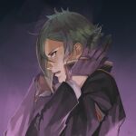  1boy bangs black_gloves commentary dated_commentary gloves green_hair hair_over_one_eye hizamaru_(touken_ranbu) male_focus open_mouth profile purple_background short_hair solo torn_clothes torn_sleeves touken_ranbu upper_body yellow_eyes zi_tsas 