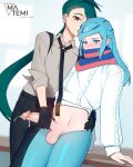  1boy 1girl bangs black_pants blush bright_pupils clothes_pull cum green_hair grusha_(pokemon) handjob hetero highres long_hair long_sleeves looking_down matemi nail_polish otoko_no_ko pants pants_pull parted_lips penis pokemon pokemon_(game) pokemon_sv ponytail rika_(pokemon) scarf shirt sleeves_rolled_up striped striped_scarf sweater testicles uncensored white_background white_pupils white_sweater 