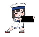  1girl black_hair blue_sailor_collar bob_cut can&#039;t_show_this closed_eyes commentary_request daitou_(kancolle) dress harukaze_unipo hat kantai_collection parody sailor_collar sailor_dress sailor_hat short_hair short_sleeves sidelocks simple_background solo standing template white_background white_dress white_headwear 