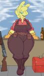  alcohol anthro beer belt beverage big_breasts blue_eyes boots breasts camelid clothing delfucko ear_piercing ear_ring edit engineer_(team_fortress_2) female footwear fur gloves goatonomous handwear hi_res huge_thighs leaning_on_wall llama looking_at_viewer low_wall mammal miss_b overalls pear-shaped_figure piercing ring_piercing shoes smile smiling_at_viewer solo team_fortress_2 thick_thighs valve weapon wide_hips yellow_body yellow_fur 