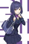  absurdres bag blue_hair blush bow bowtie highres looking_at_viewer mole mole_under_eye necktie nijisanji one_eye_closed pantyhose pink_bow pink_bowtie purple_bow purple_bowtie purple_necktie school_uniform shizuka_rin short_hair smile souto_(0401) striped_necktie virtual_youtuber yellow_eyes 