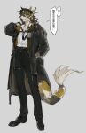  ... 1boy arknights chinese_commentary chinese_text cigarette dragon_boy dragon_horns fish_boy fish_tail furry furry_male grey_background gun hand_on_own_neck highres holster holstered_weapon horns lee_(arknights) looking_to_the_side necktie smoking speech_bubble tail tobi0728 translation_request undone_necktie weapon 