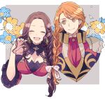  1boy 1girl :d ^_^ armor ascot bow braid breasts brown_hair cleavage closed_eyes closed_mouth dorothea_arnault earrings ferdinand_von_aegir fire_emblem fire_emblem:_three_houses flower frilled_sleeves frills grey_background hair_bow hand_up jacket jewelry long_hair looking_at_another medium_breasts open_mouth orange_eyes orange_hair pauldrons red_ascot red_jacket shoulder_armor single_braid smile tenjin_(ahan) upper_body 