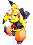  2018 black_clothing black_topwear bodily_fluids bottomwear clothing colored_pencil_(artwork) cosplay_pikachu_(costume) crop_top dipstick_ears dipstick_tail female generation_1_pokemon half-closed_eyes markings midriff multicolored_ears narrowed_eyes nintendo orange_bottomwear orange_clothing pichu_no_hito pikachu pikachu_libre pokemon pokemon_(species) raised_arms shirt simple_background solo sweat sweatdrop tail tail_markings tongue tongue_out topwear traditional_media_(artwork) wet white_background yellow_body 