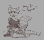  2023 anthro bottomless breasts clothed clothing cybernetic_arm cybernetic_limb dialogue digital_media_(artwork) ear_piercing ear_ring english_text female lombax mammal mewmus piercing ratchet_and_clank ring_piercing rivet_(ratchet_and_clank) shirt simple_background solo sony_corporation sony_interactive_entertainment text topwear 
