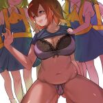  5girls ascot ass_visible_through_thighs bangs black_bra blue_shirt blue_skirt blue_vest bra breasts cameltoe cleavage clothes_lift collared_shirt cookie_(touhou) daiyousei diyusi_(cookie) green_hair high-visibility_vest jiyu_(jiyusi) large_breasts lifted_by_another looking_to_the_side multiple_girls multiple_persona navel onozuka_komachi open_mouth panties plump puffy_short_sleeves puffy_sleeves purple_bra purple_panties red_eyes red_hair shaded_face shirt shirt_lift shishou_(cookie) short_sleeves simple_background skirt solo_focus squatting sweat touhou underwear vest white_background white_shirt yellow_ascot yuri 