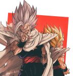  2boys absurdres arm_at_side artist_name biceps black_wristband blonde_hair blue_eyes cape clenched_hand dougi dragon_ball dragon_ball_super dragon_ball_super_super_hero dual_persona gohan_beast grey_hair hand_up highres looking_at_viewer looking_back male_focus multiple_boys muscular muscular_male open_mouth profile red_background red_eyes red_sash relio_db318 sash scratches shoulder_pads simple_background son_gohan spiked_hair standing super_saiyan super_saiyan_2 torn_cape torn_clothes twitter_username two-tone_background v-shaped_eyebrows veins white_background white_cape wristband 
