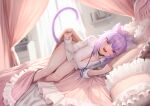  1girl :d absurdres animal_ears bed black_choker breasts cat_ears cat_girl cat_tail choker cleavage highres hololive indoors large_breasts looking_at_viewer lying nekomata_okayu on_bed on_side open_mouth pillow purple_eyes purple_hair purple_ribbon ribbon shien_(tatunokoshien00) shirt short_hair smile solo tail thighs white_shirt 