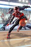  5boys ball basketball basketball_court black_bodysuit bodysuit carnage_(marvel) comic_cover commentary cover_image covered_abs crowd dodging dribbling_(basketball) english_commentary highres kael_ngu long_tongue male_focus marvel miles_morales multiple_boys muscular muscular_male official_art playing_sports red_footwear shoes sneakers spider-man spider-man_(miles_morales) spider-man_(series) superhero symbiote tongue venom_(marvel) wilson_fisk 