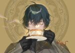  1boy armor bangs black_gloves blue_hair byleth_(fire_emblem) byleth_(male)_(fire_emblem) closed_eyes cup drinking fire_emblem fire_emblem:_three_houses gloves hair_between_eyes highres holding holding_cup holding_plate male_focus plate short_hair solo suzuki_rika tea yellow_background 